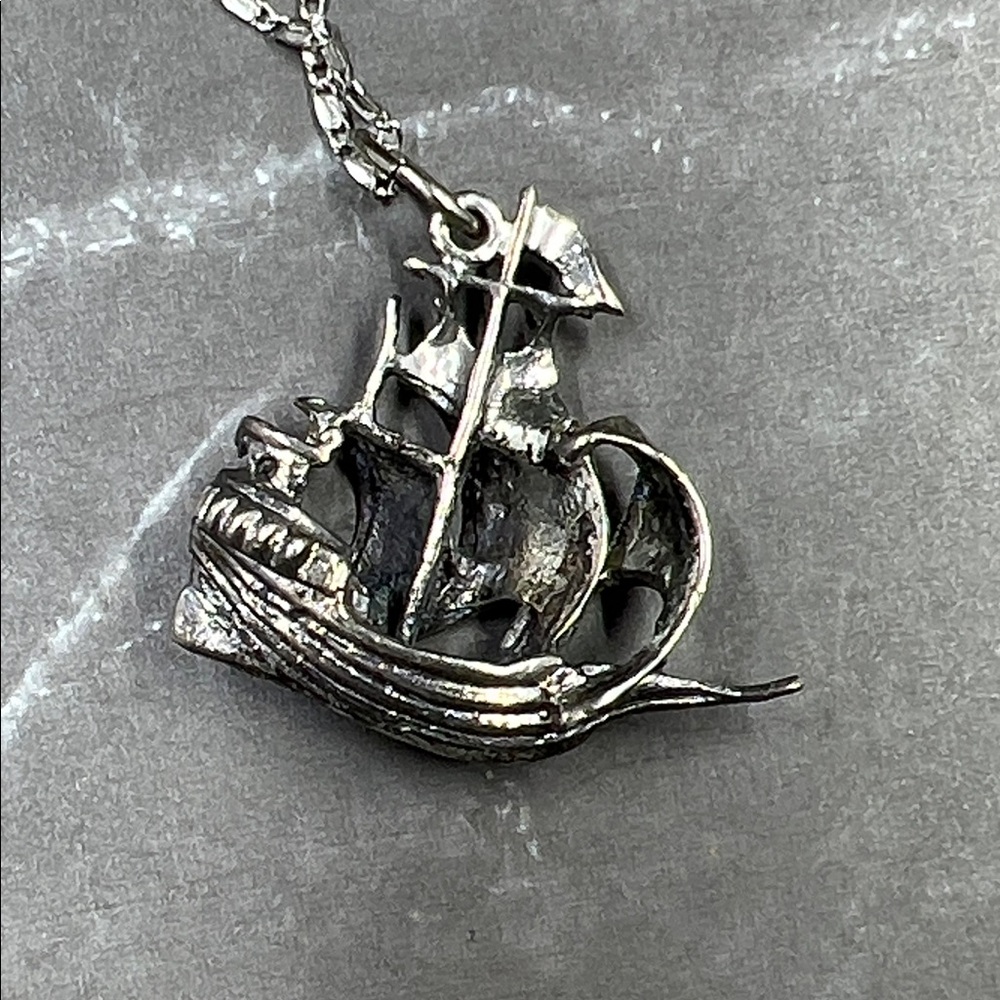 Sterling Silver Pirate Ship Nautical Pendant Necklace - Picture 6 of 14